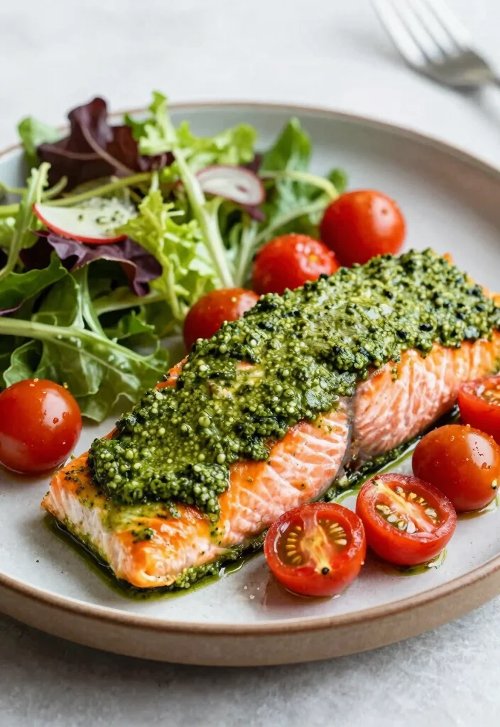 12 Healthy Clean Eating Fish Recipes for Simple Meals - 9. Baked Pesto Salmon 1